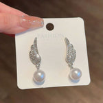 Silver-Toned Angel Wing Crystal & Pearl Drop Earrings