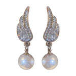 Silver-Toned Angel Wing Crystal & Pearl Drop Earrings