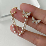 Gold-Toned Crystal Butterfly & Pearl Chain Ear Cuff Earrings