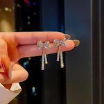 Crystal Bow Ribbon Tassel Drop Earrings