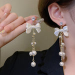 Long Pearl Tassel Bow Drop Earrings for Women