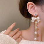 Long Pearl Tassel Bow Drop Earrings for Women