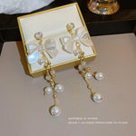 Long Pearl Tassel Bow Drop Earrings for Women
