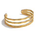 Triple Row Bamboo Cuff Bracelet for Women | Gold-Toned Stainless Steel