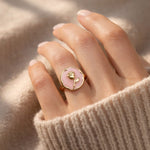 Pink Enamel Rose Disc Ring – Gold 3D Rosebud Cocktail Ring for Women