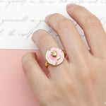 Pink Enamel Rose Disc Ring – Gold 3D Rosebud Cocktail Ring for Women