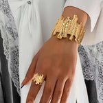 Brutalist Textured Wide Cuff Bracelet & Ring Set – 2-Piece Gold-Toned Statement Jewellery Combo