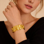 Botanical Leaf & Pearl Wide Cuff Bracelet – Gold-Toned Art Nouveau Statement Bangle
