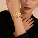 Botanical Leaf & Pearl Wide Cuff Bracelet – Gold-Toned Art Nouveau Statement Bangle