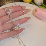 Butterfly & Flower Crystal Ear Cuff with Chain Tassel