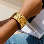Hammered Wide Cuff Bracelet for Women | Gold-Toned Stainless Steel Statement Jewelry