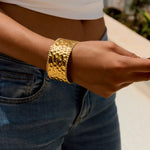 Hammered Wide Cuff Bracelet for Women | Gold-Toned Stainless Steel Statement Jewelry