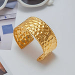Hammered Wide Cuff Bracelet for Women | Gold-Toned Stainless Steel Statement Jewelry