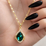 Emerald Teardrop Crystal Pendant Necklace for Women | Gold-Toned Stainless Steel