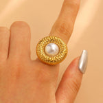 Gold Pearl Statement Ring – Hammered Disc Cocktail Ring for Women
