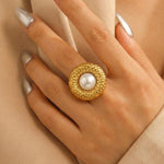Gold Pearl Statement Ring – Hammered Disc Cocktail Ring for Women