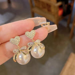 Crystal Heart & Pearl Drop Bow Earrings