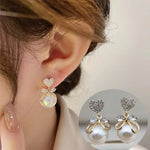 Crystal Heart & Pearl Drop Bow Earrings