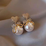 Crystal Heart & Pearl Drop Bow Earrings
