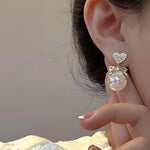Crystal Heart & Pearl Drop Bow Earrings