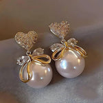 Crystal Heart & Pearl Drop Bow Earrings
