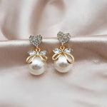 Crystal Heart & Pearl Drop Bow Earrings