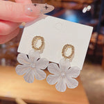 Frosted Petal Flower Drop Earrings with Gold-Toned Oval Link