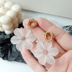 Frosted Petal Flower Drop Earrings with Gold-Toned Oval Link