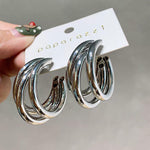 Triple Tube C-Hoop Earrings — Gold & Silver Toned, Two Sizes