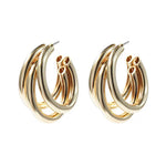 Triple Tube C-Hoop Earrings — Gold & Silver Toned, Two Sizes