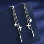 Triple Chain Star Cross & Bar Long Drop Earrings in Silver-Toned Finish