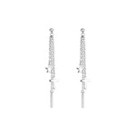Triple Chain Star Cross & Bar Long Drop Earrings in Silver-Toned Finish