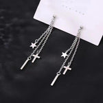 Triple Chain Star Cross & Bar Long Drop Earrings in Silver-Toned Finish