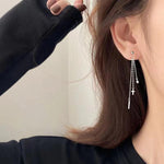 Triple Chain Star Cross & Bar Long Drop Earrings in Silver-Toned Finish