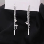 Triple Chain Star Cross & Bar Long Drop Earrings in Silver-Toned Finish