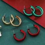 Chunky Glossy C-Hoop Earrings — Gold, Green & Red