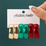 Chunky Glossy C-Hoop Earrings — Gold, Green & Red