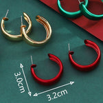 Chunky Glossy C-Hoop Earrings — Gold, Green & Red