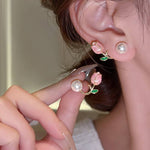 Pink Tulip Bud & Pearl Ear Jacket Earrings in Gold-Toned Finish