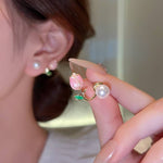 Pink Tulip Bud & Pearl Ear Jacket Earrings in Gold-Toned Finish