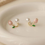 Pink Tulip Bud & Pearl Ear Jacket Earrings in Gold-Toned Finish