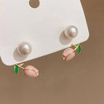 Pink Tulip Bud & Pearl Ear Jacket Earrings in Gold-Toned Finish