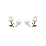 Pink Tulip Bud & Pearl Ear Jacket Earrings in Gold-Toned Finish