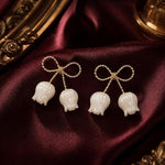 Ivory Tulip Bell Drop Earrings with Twisted Gold-Toned Bow