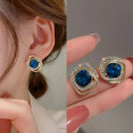Teal Cushion Crystal Double Square Halo Stud Earrings in Gold-Toned Finish