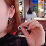 Teal Cushion Crystal Double Square Halo Stud Earrings in Gold-Toned Finish