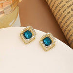 Teal Cushion Crystal Double Square Halo Stud Earrings in Gold-Toned Finish
