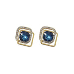 Teal Cushion Crystal Double Square Halo Stud Earrings in Gold-Toned Finish