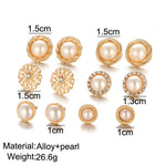 6-Pair Faux Pearl Stud Earrings Set in Gold-Toned Finish
