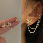 Gold-Toned Crystal Butterfly & Pearl Chain Ear Cuff Earrings